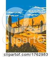 Picacho Peak State Park With With Saguaro Cactus In Picacho Arizona USA WPA Poster Art