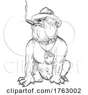 Army Sergeant Major Bulldog Devil Dog Smoking Cigar Wearing Dog Tags Sitting Tattoo Drawing Black And White