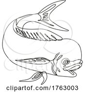 Poster, Art Print Of Dorado Dolphin Fish Or Mahi Mahi Jumping Down Continuous Line Drawing