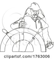 Poster, Art Print Of Skipper Fisherman Helmsman Or Ship Captain At The Helm Front View Continuous Line Drawing