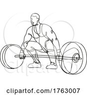 Poster, Art Print Of Weightlifter Lifting Heavy Weight Barbell Viewed From Front Continuous Line Drawing