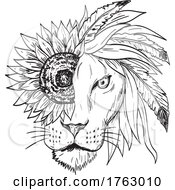 Poster, Art Print Of Lion With Sunflower Helianthus Feather And Leaves As Mane Viewed From Front Tattoo Drawing Black And White