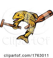 Poster, Art Print Of Brown Trout Or Finnock Breaking A Paddle Cartoon Mascot Color