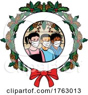 Children Of Different Ethnicity Wearing Face Mask Healthy Holidays Wreath Circle Retro Color