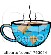 Smoking Hot Cup Of Coffee With Half The Globe World Map Retro Style