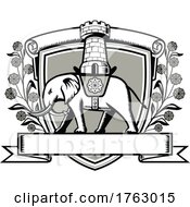 Coat Of Arms With Elephant Wearing Saddle With Castle Tower And Wattle Flower Retro Woodcut Style