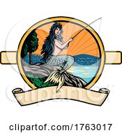 Poster, Art Print Of Mermaid Or Siren With Fishing Rod And Reel Fly Fishing On Lake Oval Retro Style