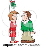 Cartoon Woman Wearing A Christmas Mistletoe Headband By A Man