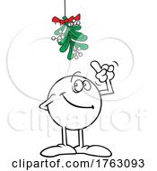 Cartoon Moodie Character Pointing Up At The Christmas Mistletoe
