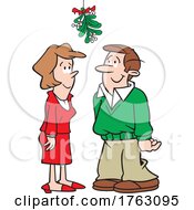 Poster, Art Print Of Cartoon Couple Looking Up Under Christmas Mistletoe