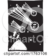 Woodcut Style Of People Watching Comets That Look Like Covid Pandemic Spores