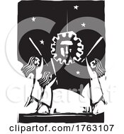 Poster, Art Print Of Woodcut Style Of Girls Hitting A Pinata That Looks Like A Covid Spore