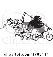 Woodcut Style Of Death Riding A Bicycle Spreading Covid Pandemic