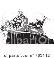 Woodcut Style Of A Bulldozer Pushing Covid Over A Cliff