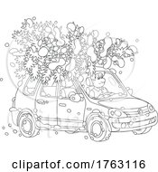 Poster, Art Print Of Black And White Cartoon Man Transporting A Fresh Cut Christmas Tree On The Roof Of His Car
