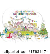 Poster, Art Print Of Merry Christmas And Happy New Year Greeting With A Family Partying