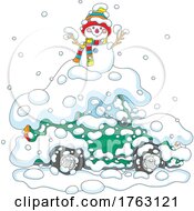 Poster, Art Print Of Snowman On Top Of A Car Covered In Snow
