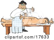 Male Chinese Acupuncturist Doctor Preparing To Insert Another Acupuncture Needle Into A Male Caucasian Patients Back Clipart Illustration