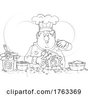 Black And White Cartoon Chubby Chef Making A Christmas Gingerbread House