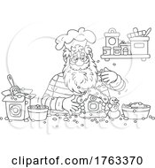 Black And White Cartoon Santa Making A Gingerbread House