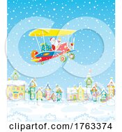 Poster, Art Print Of Cartoon Santa Flying A Biplane Over A Village