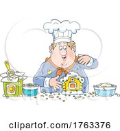 Cartoon Chubby Chef Making A Christmas Gingerbread House