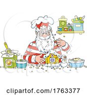 Cartoon Santa Making A Gingerbread House
