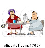 Angry Caucasian Woman A Wife With Her Hair Up In Curlers Holding A Frying Pan With Two Eggs In It And Flipping Off Her Husband