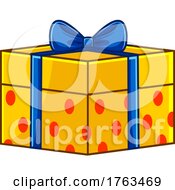 Poster, Art Print Of Cartoon Gift Box With Blue Ribbon And Bow On Yellow And Polka Dots