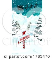 Poster, Art Print Of Silhouetted Santa And Reindeer Flying Over The North Pole