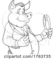 Black And White Cartoon Dapper Pig Dressed In A Suit And Holding Tongs