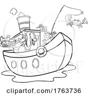 Black And White Cartoon Chef Duck And Chicken Fishing And Serving BBQ On A Tugboat
