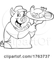 Black And White Cartoon Chef Pig Holding A Roasted Chicken And Coleslaw Platter