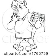 Black And White Cartoon Pig Chef Licking Barbecue Sauce Off Of His Fingers And Holding Ribs