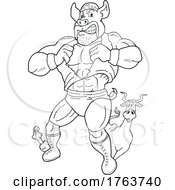 Black And White Cartoon Cow And Chicken Peeking Around A Giant Muscular Pig Wrestler