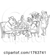 Black And White Cartoon Poker Pig Cow And Chicken With A Pig Waitress Serving BBQ