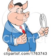 Cartoon Dapper Pig Dressed In A Blue Suit And Holding Tongs