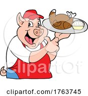 Cartoon Chef Pig Holding A Roasted Chicken And Coleslaw Platter