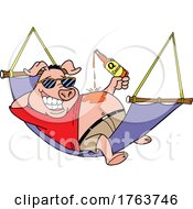 Cartoon Pig Pouring BBQ Sauce On His Belly While Resting In A Hammock by LaffToon