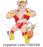 Poster, Art Print Of Cartoon Cow And Chicken Peeking Around A Giant Muscular Pig Wrestler