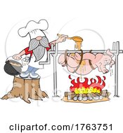 Cartoon Short Chef Basting A Pig On A Spit by LaffToon