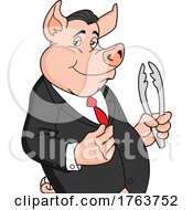 Cartoon Dapper Pig Dressed In A Suit And Holding Tongs by LaffToon