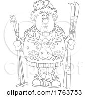 Black And White Cartoon Chubby Man In A Christmas Sweater And Holding Skis