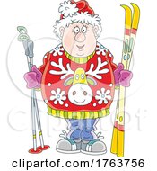 Cartoon Chubby Man In A Holiday Sweater And Holding Skis