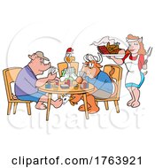 Cartoon Poker Pig Cow And Chicken With A Pig Waitress Serving BBQ