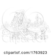 Poster, Art Print Of Black And White Puppy And Children Playing On A Park Slide In The Winter