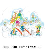 Poster, Art Print Of Puppy And Children Playing On A Park Slide In The Winter