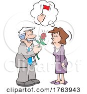 Cartoon Man Holding A Red Rose Out To A Woman That Is Seeing Red Flags