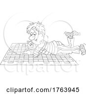 Cartoon Black And White Man And Cat Playing A Giant Crossword Puzzle On The Floor