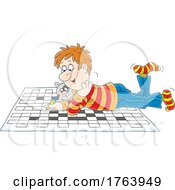 Cartoon Guy And Cat Playing A Giant Crossword Puzzle On The Floor